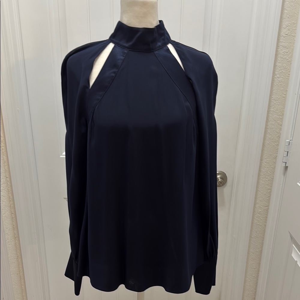 Cinq a Sept Blue and White Long Sleeve Blouse with Relaxed Cut Out Design